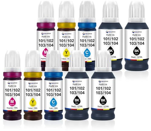 MEGOFFICE Nachfülltinte Kompatibel für NEI-104/103/102/101 Kompatibel für Epson Et-2720 Et-2712 Et-2810 ET-2811 Et-2820 ET-2826 Et-2850 ET-2856 ET-2851 ET-4700 ET-4856 ET-4800 ET-1810(10Pack)