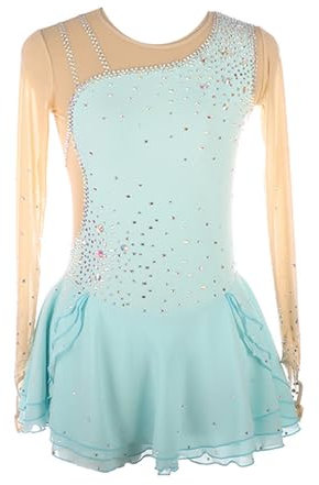 ZSWXF Eiskunstlauf-Rock Damenkostüm für Mädchen Professionelle Rollschuh Trainingskleidung Langärmliges Eiskunstlauf Kleid,Light Blue,XL