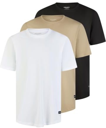 JACK & JONES Tshirt Herren lang geschnitten Set 100% Bio-Baumwolle Regular Fit JJENOA 3er Pack Rundhals Kurzarm Sommer Organic Basic Tee Shirt, Größe:XXL, Farbe:Pack 1 (Black/White/Crockery)