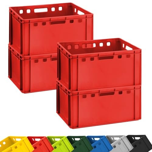 BURI 4x Fleischkiste E3 Metzgerkiste 60x40x30 cm lebensmittelecht, robust, stapelbar - Eurokisten Lagerkisten Stapelkiste aus Deutschland (Rot)