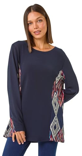 Roman Originals Side Printed Stretch Tunic Top for Women UK - Ladies Everyday Autumn Winter Round Neckline Comfy Soft Evening Vacation Work Party Night Out - Midnight Blue - Size 12
