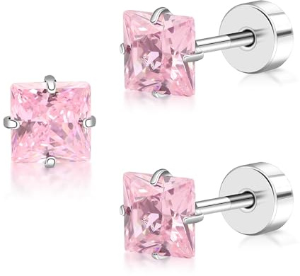 FACOKO Orecchini da donna Orecchini a Bottone in Titanio con Zirconi Quadrati Rosa 4MM Ipoallergenici Senza Nickel Gioiello Minimalista