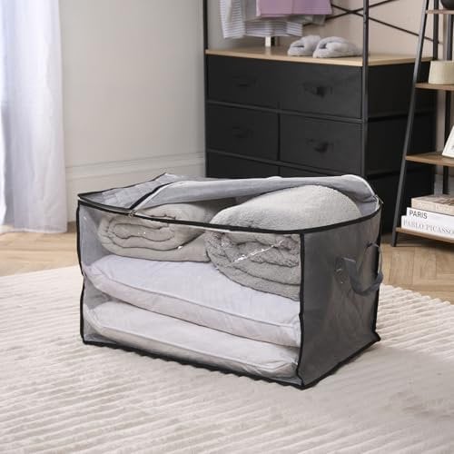 OHS 112L Extra Large Bedding Storage Bag, Foldable Clothes Storage Bag with Zip & Handles Durable Non-Woven Storage Box with Lid For Duvets & Blankets, Charcoal