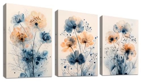 WENGTIAO 3 Stück Aquarell Blau Blumen Leinwand Bilder Kunstdrucke Gerahmtes Bild Moderne Abstrakte Blaue Orange Geblümt Malerei auf Leinwand für Wohnzimmer Schlafzimmer Wanddeko 40x60cm x3