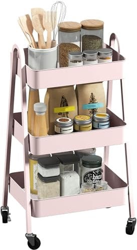 HOMCOM 3-Tier Storage Trolley on Wheels, Rolling Utility Cart with Handles, Mobile Kitchen Storage Cart for Living Room, Dining Room, Bedroom, Bathroom, Pink
