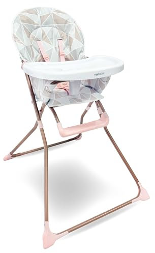 My Babiie MBHC1 Compact Highchair – Ultra Lightweight (5kg), Foldable, Easy Clean, Padded Seat, Footrest, Tray Cup Holder, for Toddler, from 6 Months to 3 Years (15kg) – Rose Geometric