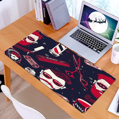 KDWJS Gaming Mouse Pad Mouse Mat - 35.5 x 16 in - XXL mousepad - Table mat large size - improved precision and speed - Barbershop seamless pattern with hipster face hairdressing scissors and razor.