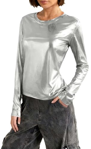 Keepink Women's Metallic Tops Basic Long Sleeve T Shirt Crew Neck Fitted Tee Sparkly Party Shiny Glitter Top Y2K Party Going Out Pullover Silver Blouse for Night Out Clubwear