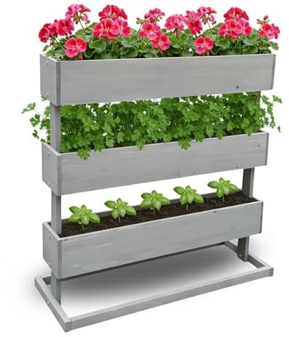 Coemo Vertikalbeet Hochbeet 3 Etagen aus Nadelholz, 75x30x75 cm, Grau | Platzsparendes Kräuterbeet & Blumenbeet für Balkon, Terrasse & Garten, rückenschonend, witterungsbeständig, Stufenbeet