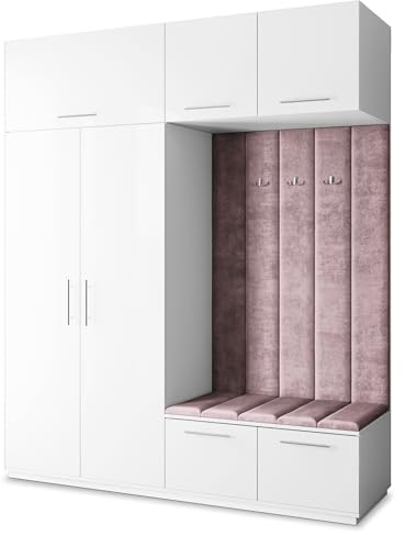 Masseno Flugarderoben Set Rema, Kleiderschrank-Set mit Sitzbank, Garderobenschrank Flur mit 5 Regalböden, Weiß
