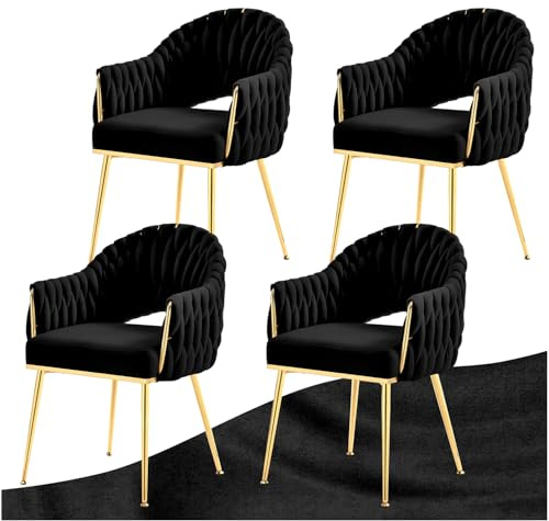SDXYSTCE Lot de 4 Chaises Salle a Manger - Velour Moderne Coquillage Cuisine Chaise Scandinave avec Accoudoirs et Dossier Moyen - Doré et Noir