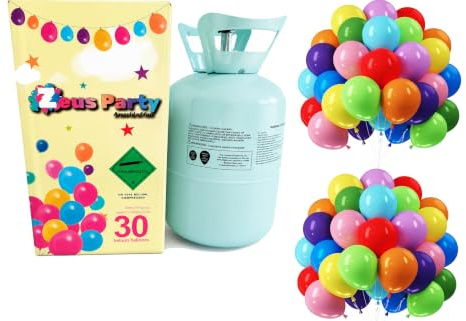 Zeus Party Elio per palloncini - Kit Bombola gas elio per il gonfiaggio di 30 palloncini INCLUSI per feste e party di ogni genere - circa 0,29 metri cubi di elio PURO (Bianco)