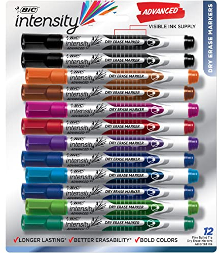 BIC Intensity Advanced Colorful Dry Erase Markers, Bullet Tip, 12-Count