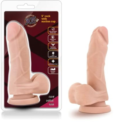 Blush X5 Plus 5.75 Realistic Dildo w/Balls Poseable G-Spot, Anal, Vaginal, Pegging Play Cock, Suction Cup, Harness Compatible, Ultra Soft Lifelike Adult Sex Toy Penis for Women, Men, Couples - Beige