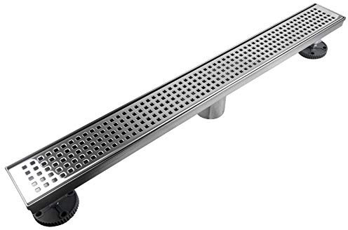 Neodrain 36-Inch Linear Shower Drain with Removable Quadrato Pattern Grate Cover, Polished 304 Stainless Steel Shower Linear Drain, Chrome Bathroom Floor Drainage &Leveling Feet, Hair Strainer, CUPC