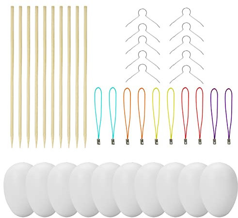Willingood 100 Deko-Eier Ostern [6 cm, Kunststoff] + 100 Aufhänger für Ostereier + 10 Schaschlik-Spieße fürs Marmorierenzum oder malen, Osterdekoration