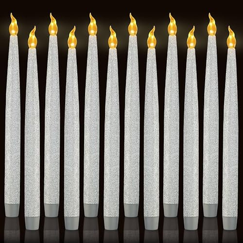 Furora LIGHTING Silver LED Flameless Taper Candles, Window Candles, Candle Lights, Long Candles, Battery Powered Candles, Electric Candles with 6 Hour Timer Function - Silver 11.5, Pack of 12