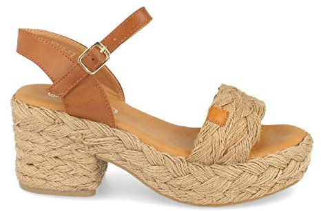 Buonarotti Sandalia de Mujer Estilo Bohemio con Tacon, Plataforma de Yute, Adorno en Pala, Suela de Crepelina y Cierre de Hebilla. Primavera Verano.. Talla 37 Beige