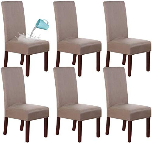 LINGKY Wildleder Esszimmer Stuhlhussen Esszimmerstuhl Schonbezug Samt Stuhlhussen Für Esszimmer, Wasserabweisend Soft Stretch Abnehmbare Stuhllehne Mit Hoher Rückenlehne (Taupe,Set of 6)