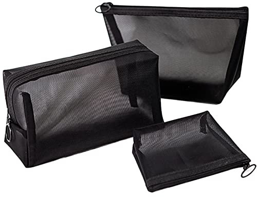 Mesh Kosmetiktasche mit Reißverschluss, Praktischer Dame Make-Up Beutel Modische Kulturtasche Kosmetikbeutel 3er Set Größen Schwarz Reise Kulturbeutel für Flugreise, Flugzeug, Badezimmer