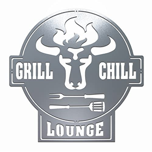 teileplus24 CG01 Gartenschild | Grill Schild | Stier + Grill & Chill Lounge | Edelrost | 41 x 40,5cm