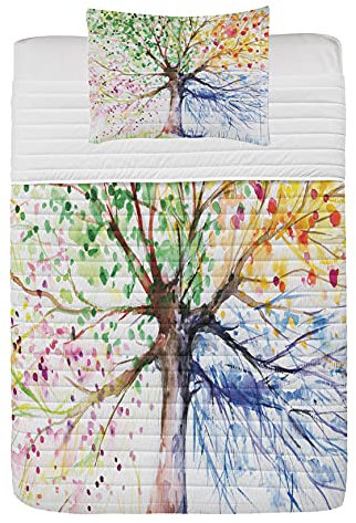ABAKUHAUS Baum Mikrofaser Tagesdecken Set, 4 Jahreszeiten Bunte, weiches Bettwäscheset mit Kissenbezügen und Steppdecke, 170 cm x 220 cm, Gelb Blau