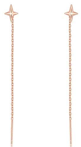 Cute Star Pull Through Earrings 925 Sterling Silver Rose Gold Plated for Women Cubic Zirconia Tassel Chain Threader Dangle Earrings 70mm
