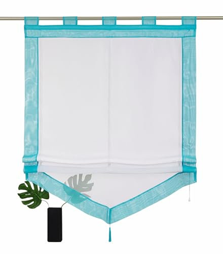 Devola Voile transparent Scheibengardinen mit zweifarbigen Design mit Quaste Fenster Gardinen Panneaux mit Tunnelzug Gardine HxB 140x45cm Türkis 1er Pack