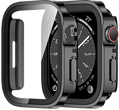Amizee 2 Stück Hard Hülle Kompatibel mit Apple Watch Series 9/8 Series 7 45mm Schutzhülle mit Tempered Glass Displayschutz, Ultradünn Kratzfeste Schutzhülle für iWatch 45mm (Schwarz)