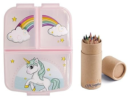 OM SUPPLIES Lonchera reutilizable con diseño de unicornio, 3 compartimentos, para niños, escuela, incluye 12 lápices de tamaño medio (unicornio)