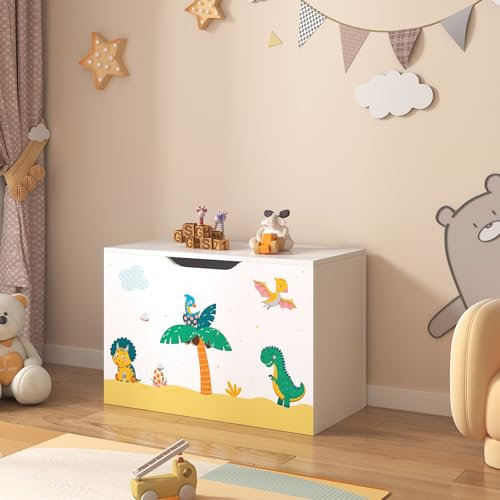 [en.casa] Spielzeugkiste Oleiros mit aufklappbarem Deckel Aufbewahrungsbox für Kinderzimmer Bücher Spielzeug 40 x 60 x 30cm Kinderzimmerbox mit Dinosaurier Motiv Weiß/Grün/Gelb