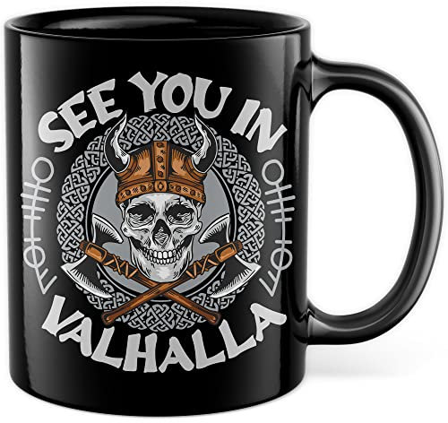 Pagma Druck Tasse Wikinger Geschenk, See You In Valhalla Geschenkidee Kaffee-Becher Kaffetasse mit Motiv Wikinger Valhalla Viking Teetasse Totenkopf Axt (Schwarz, 330 ml)