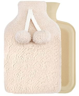 Sleepdown Teddy Fleece Hot Water Bottle and Pom Pom Cover Soft Cosy Fluffy for Neck Back Pain Relief Large 2 Litre - 35 x 23cm - Natural
