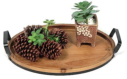 Decorative Metal and Wood Tray, Farmhouse Wood Serving Tray, Rustic Ottoman Coffee Table Tray, Vintage Centerpiece for Kitchen or Living Room (Oval Brown)