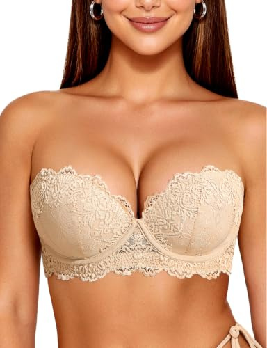 YANDW Trägerloser Stark Gepolsterter Push Up Spitzen BH mit Multiway Transparenten Trägern Trägerlos Damen Balconette BHS
