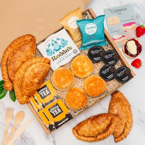 Cornish Cream Tea & Pasty Hamper 4 Person Fresh Scones, Tea, Jam, Roddas Clotted Cream, Large Gourmet Cornish Pasties & Biscuits, Elegant Gift Birthdays, Anniversary Special Occasions