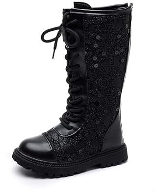 FM2018XSL Stivali di Paillettes Della Ragazza, Stivali Alti Della Principessa, Stivali Lunghi Antiscivolo Alla Moda Della Ragazza,Nero,37