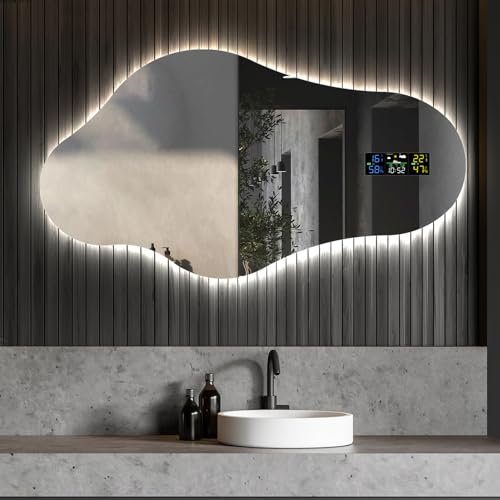 Artforma Unregelmäßiger Form asymmetrischer Spiegel mit LED Beleuchtung 114x64 cm | Moderner Industrial Wanspiegel Beleuchtet Nach Maß | CHM221 | Wählen Sie Zubehör | Lichtspiegel Badezimmerspiegel