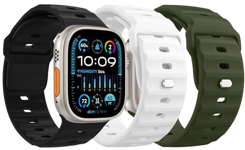 MoKo 3PZS Ocean Correa para Apple Watch Ultra2 49mm 46mm 45mm 44mm 42mm para Hombres y Mujeres,Silicona Pulsera Deportiva Correa para iWatch Serie 10 9 8 7 6 5 4 3 SE Ultra2,Negro/Verde Militar/Blanco
