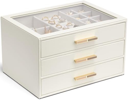 VLANDO 3-Tier Jewellery Box with Glass Lid, Gift for Women | Soft Velvet Lining, Separate Compartments for Rings, Earrings, Necklaces & Bracelets, Easy Viewing, Daily Use, Beige