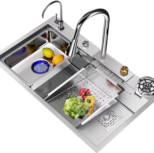 Silberne Wasserfall-Spüle, 304 Edelstahl Unterbau-Küchenspüle Arbeitsplatz, Tischplatte Kontrollen, 5-Loch mit Pull Out Wasserhahn, Dual Rail (S : 72 * 45 * 22CM)