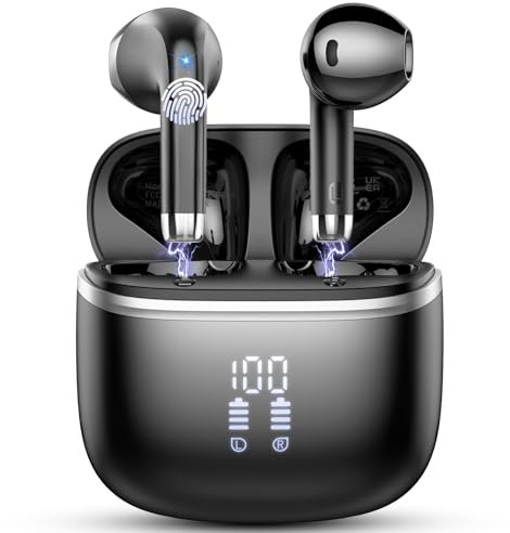 Wireless Earbuds, Bluetooth 5.3 Headphones with 4 ENC Noise Cancelling Mic, HiFi Stereo Deep Bass, IP7 Waterproof Bluetooth Earphones, 40H Playtime, Bluetooth Earbuds Dual LED Display, USB-C, Black