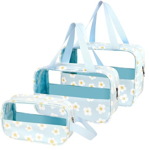 Shengxi Borsa da Toilette Trasparente 3 Pezzi Trousse da Viaggio Impermeabile in PVC, Beauty Case da Viaggio Portatile, Multi Dimensione Trasparente Borsa per il Trucco per Donne (Blu)
