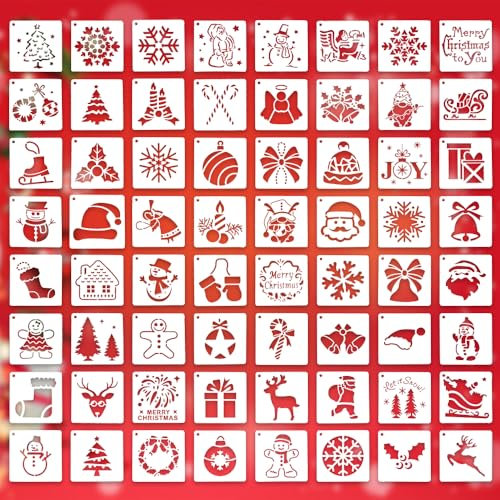 LPAMABA 64 Stk 7,5x7,5cm Klein Weihnachten Schablonen Malen Weihnachtsschablonen Weihnachten Malschablonen Zeichenschablone Weihnachten Weihnachtsbaum Schneeflocken Plastik Vorlage Fenster Wand DIY