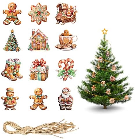 12Pcs Christmas Tree Decorations,Gingerbread Christmas Decorations,Gingerbread Man with Strings,Xmas House Gizmo Hanging Ornaments,Christma Themed Kit,Candy Cane Festive Decoration for Indoor Ornament