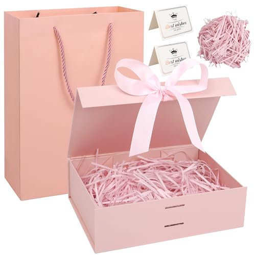 Realjoy Scatola Regalo con Coperchio,Confezione Regalo 23 x 17 x 7cm,Scatole Regalo con Fiocco,Biglietto di Auguri e Rafia,Pacco Regalo per Compleanni,Matrimoni,San Valentino,Natale(Rosa)