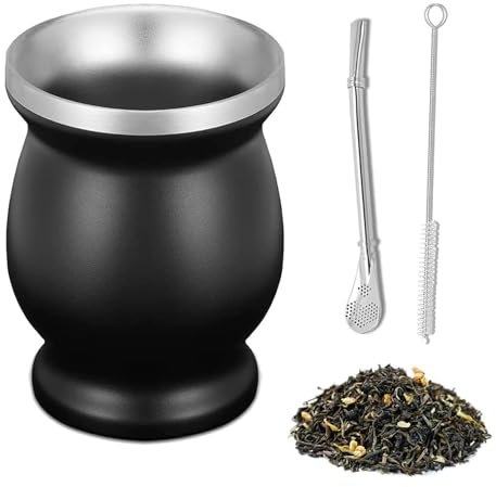Set Mate, Juego de Tazas de Acero Inoxidable, con Pajita y Cepillo de Limpieza, de Doble Pared, 230 ml, para uso Doméstico, en Restaurantes y Hoteles, Regalos para Amigos, Negro