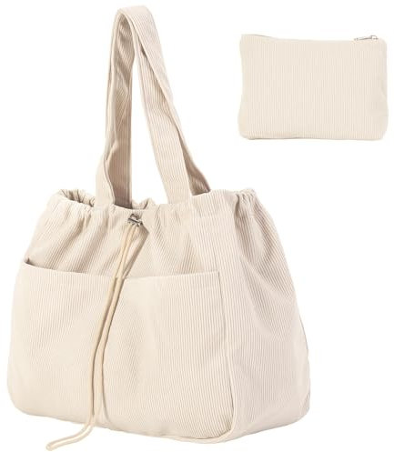 Gluckstar Shopper Tasche Damen,Groß Tote Bag, Cord Tasche Damen Schultertasche, Beuteltasche Uni Cordtasche, Stoff Tasche Cord Tragetasche, Große Handtasche für Schule und Alltag (Beige)