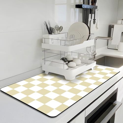 BLESWIN Karierte Geschirrtrockenmatte, 40 x 60CM Kaffeebar-Matte für Arbeitsplatten, Rutschfeste Gummirückseite, Saugfähige Matte zum Abtrocknen von Geschirr für die Küchentheke, Beige und Weiß