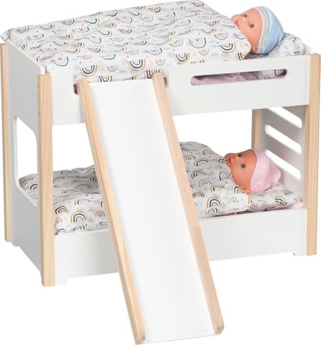 goki 51451 – Puppen-Etagenbett mit Rutsche – stabiles Bett aus Holz für Zwei Puppen